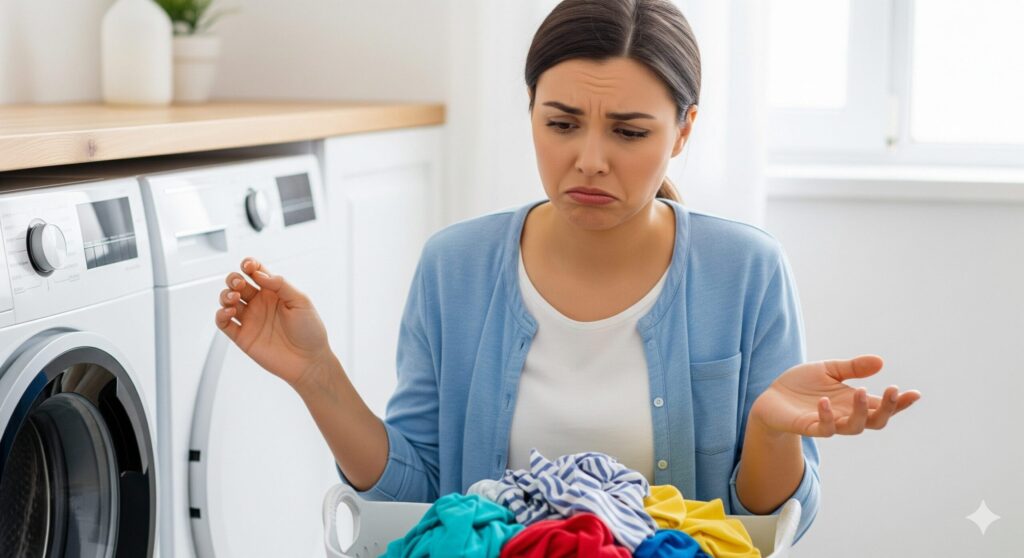 nanobubble laundry hose no effect reasons ナノバブル洗濯ホースを使っても「効果ない」と感じてしまう理由とは?洗濯物を見て少し残念そうな表情を浮かべる人物の画像。