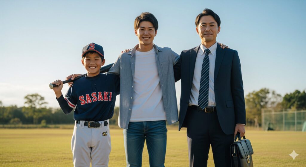 sasaki roki brothers dentsu university baseball 佐々木朗希選手と電通勤務の兄、大学野球で活躍する弟の三兄弟が、それぞれの道で支え合う強い絆を象徴する画像。