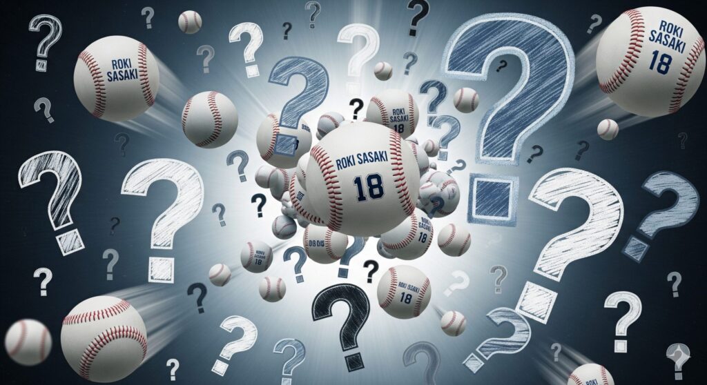 sasaki roki qa questions answers 佐々木朗希選手に関する様々な質問をイメージさせる、野球ボールとクエスチョンマークを組み合わせた抽象的な画像。