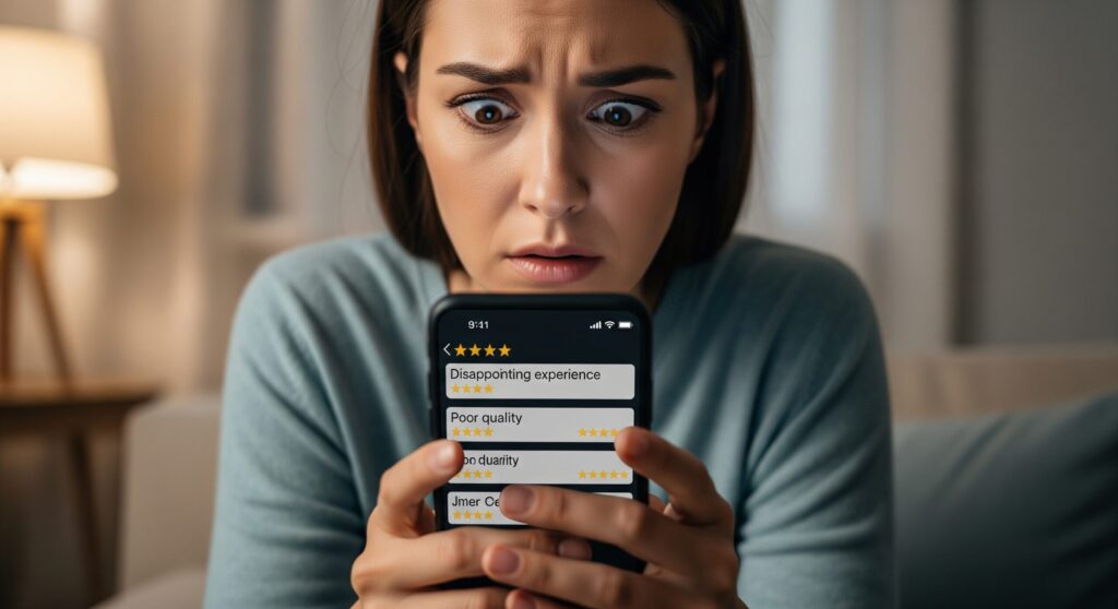 セノッピーチュアブルが悪質で効果ないと言われる理由を、スマートフォンで調べて不安になっている女性。