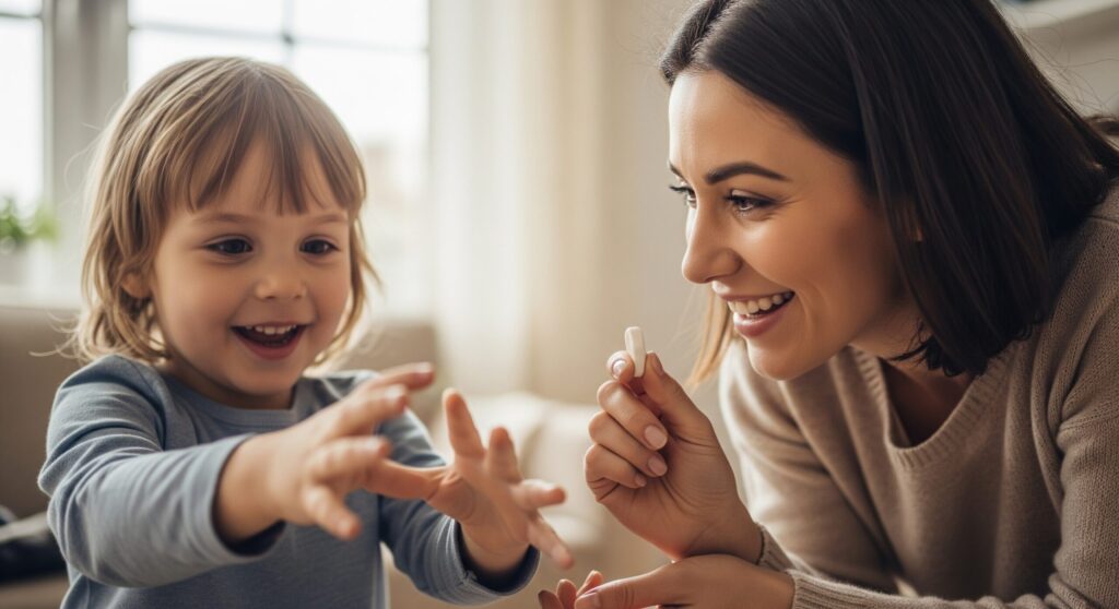 セノッピーチュアブルの効果的な飲み方を実践し、子供に笑顔でおやつとしてタブレットを渡している母親。