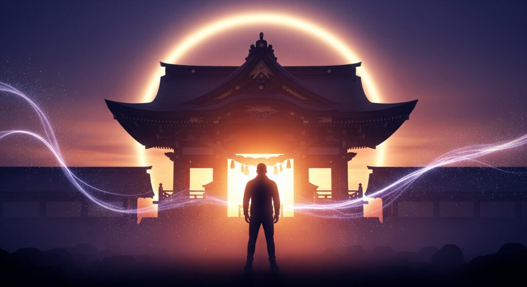 shock eye wallpaper no effect origin 1 「ショックアイ待ち受けは効果ない」という疑念を払拭する、彼のパワーの原点を象徴する画像。神々しいオーラを放つ神社に、一人の男性のシルエットが浮かび上がる。