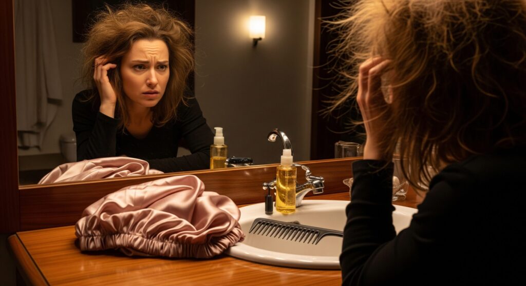 シルクナイトキャップの効果がないと鏡を見て悩む女性｜逆効果になる原因を解説