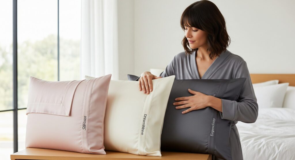 人気ブランドUtukky・ニトリ・無印のシルク枕カバーを比較。女性が3つの製品を前に、どっちが自分に合うか検討している様子。