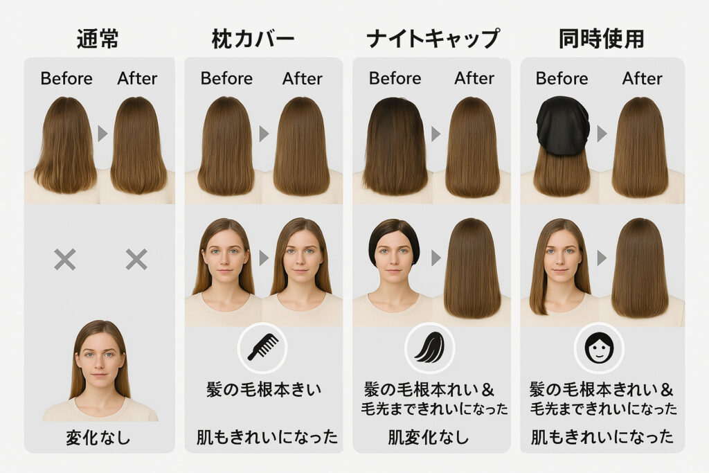 シルクのナイトキャップと枕カバーはどっちも使うのが最強という結論の画像。併用することで髪の根元から毛先、肌まで完璧にケアできることを示しています。