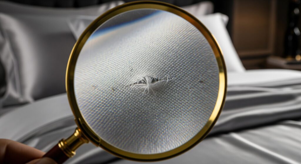 silk pillow cover no effect 5 reasons why シルクの枕カバーが効果ないと言われる理由を調査するイメージ。虫眼鏡で生地を覗き込み、品質の問題を示唆しています。