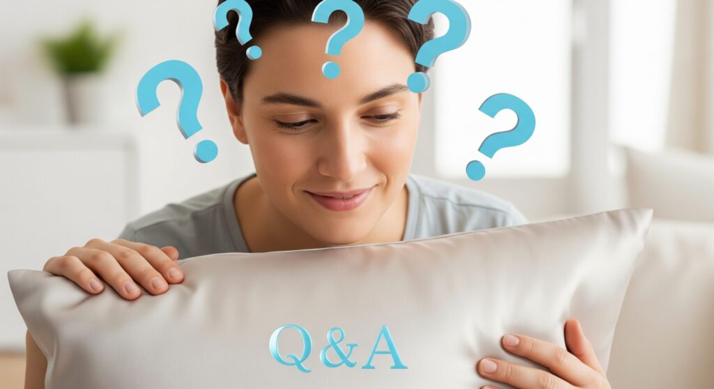 silk pillow cover no effect q and a シルク枕カバーに関するQ&Aのイメージ画像。「効果ない」と感じる前に抱く疑問を、人物とクエスチョンマークで表現。