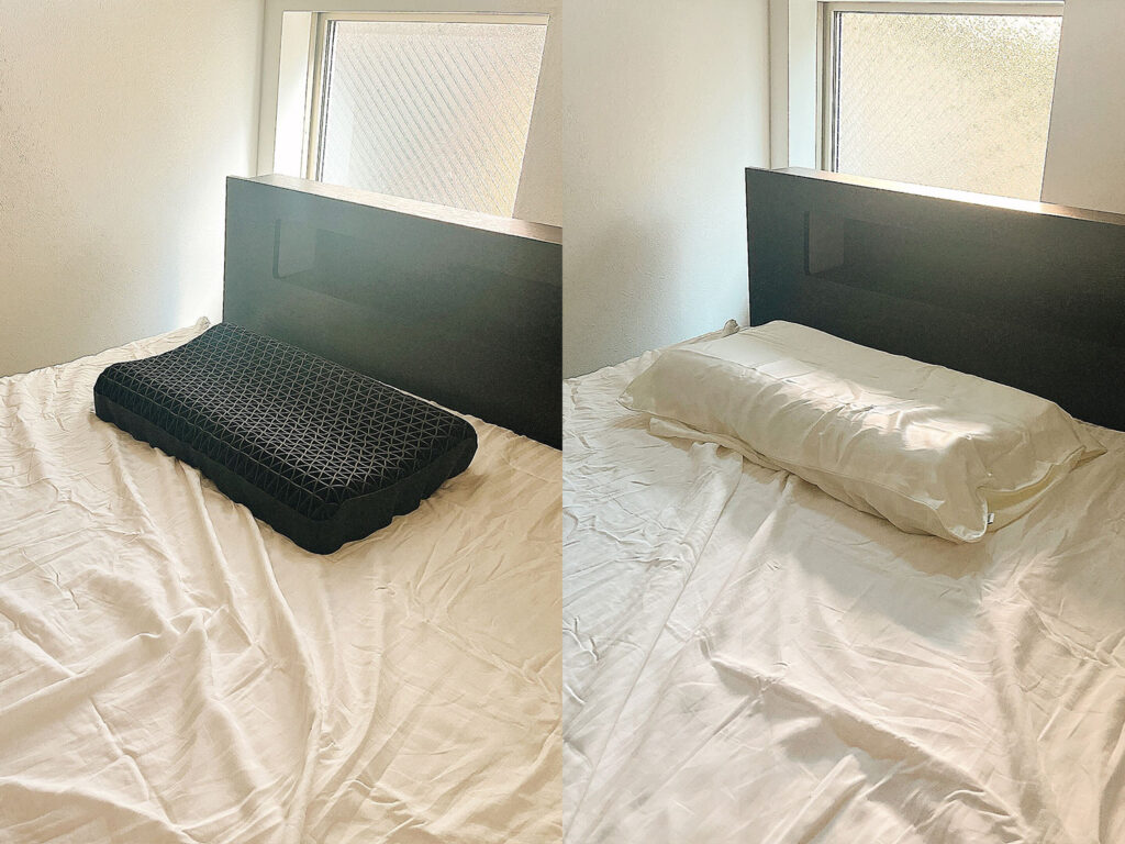 silk pillow cover no effect room interior before after シルク枕カバーを設置する前と後の寝室の比較画像。光沢のあるカバーに変えるだけで、部屋全体に高級感が出て洗練された空間になる様子。