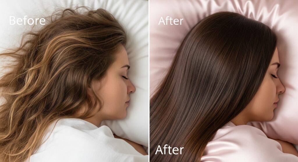 silk pillow cover no effect user review and verification シルク枕カバーを使い効果ないか検証した体験談。使用前後の髪質の変化がわかる比較写真で、効果をリアルに伝えます。