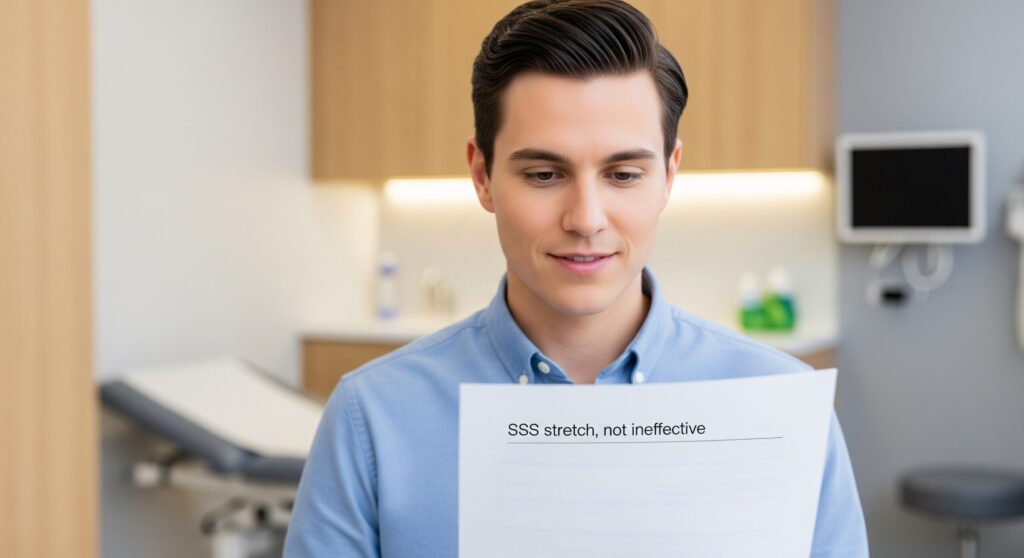 SSSストレッチは効果がないという声に対する結論を、専門的な視点で解説している様子。納得した表情の人物。