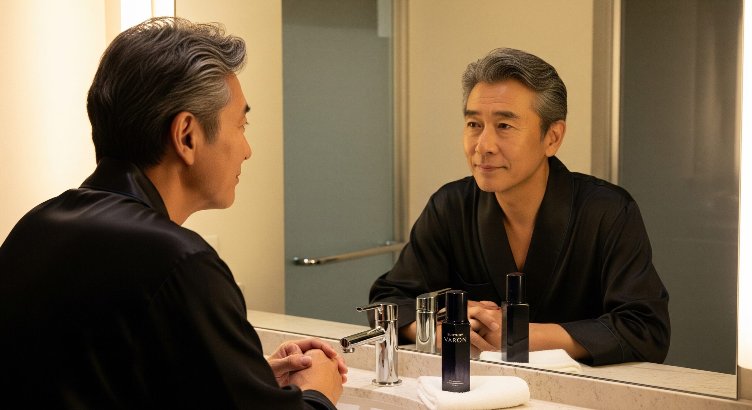 「サントリー バロンは効果ない」という噂の真相を、鏡を見つめる男性の画像で表現。