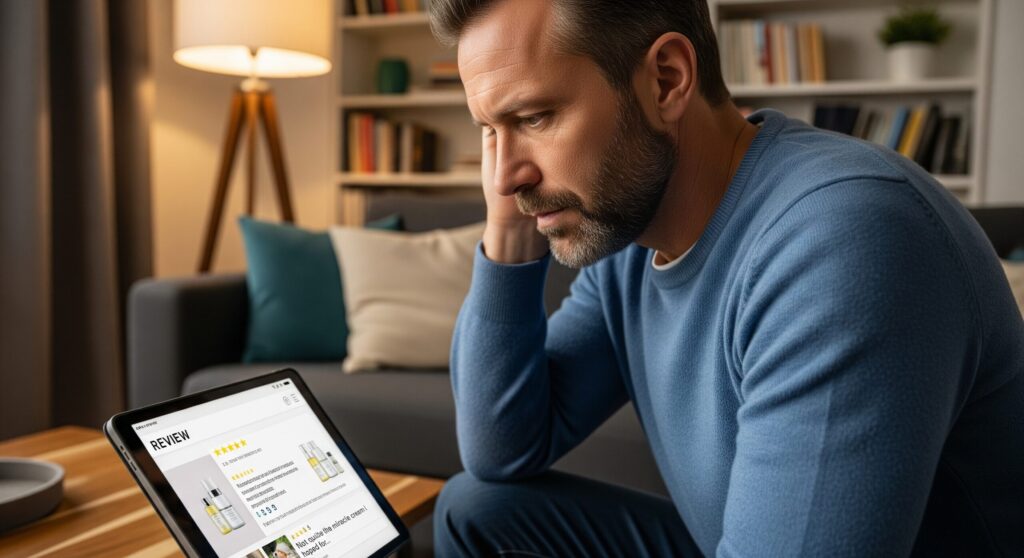 「サントリー バロンは効果ないか」を判断するため、タブレットで口コミを真剣に読む男性。
