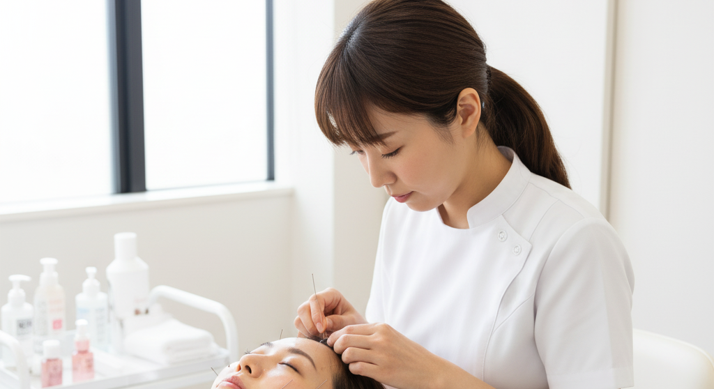 銀座ハリッチで美容鍼の施術を受ける女性と施術者の様子。「効果ない」という疑問に答える美容鍼の信頼性を表す画像。