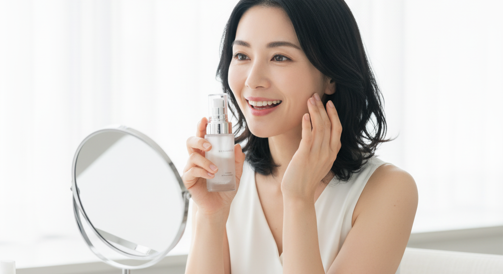 ハリッチ美容液を実際に使用し、その使用感を鏡で確認しながら満足げな表情を浮かべる女性の体験談画像。