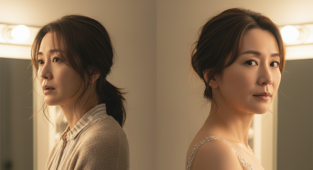 ikewaki chizuru danna dramatic change role 鏡台の前に座り、左右で異なる表情を見せる女性の比較画像。「激変」が役作りであることを示す。池脇千鶴の「激変」の真相が役作りであることを解説するセクションの画像。