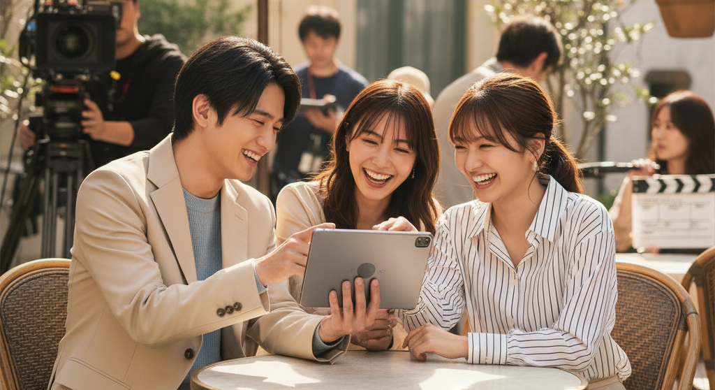 itagaki mizuki matsui airi drama beginning 板垣瑞生と松井愛莉が共演ドラマの撮影現場で楽しそうにモニターをチェックしている様子を捉えた写真。