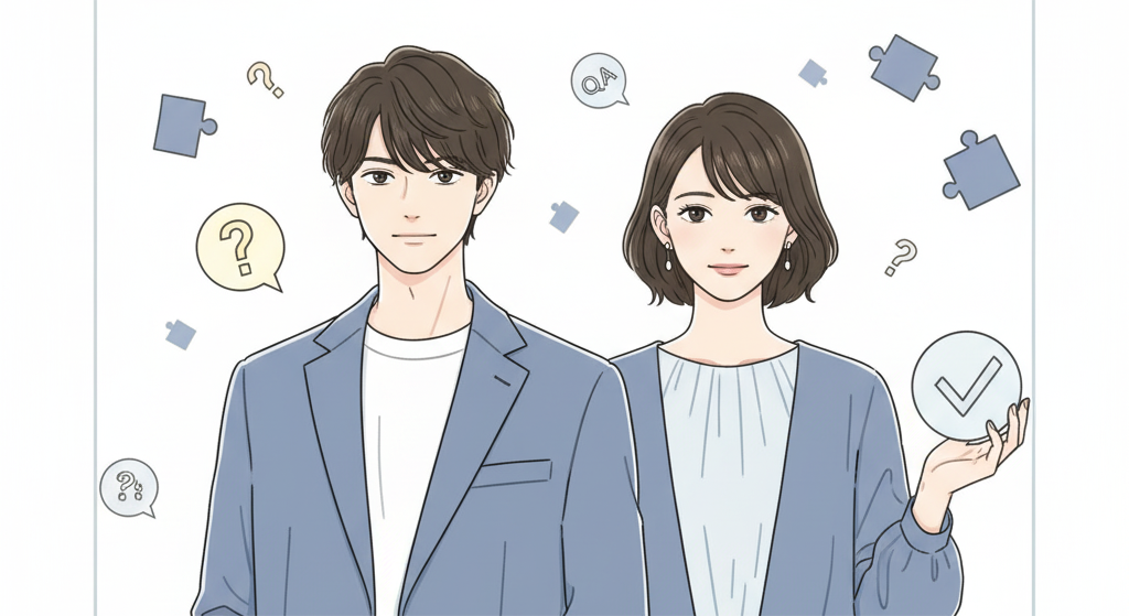 itagaki mizuki matsui airi qa 板垣瑞生と松井愛莉に関する読者の疑問に答えるQ&Aセクションを視覚的に表現した、二人のイラストと疑問符やチェックマークが描かれた画像。