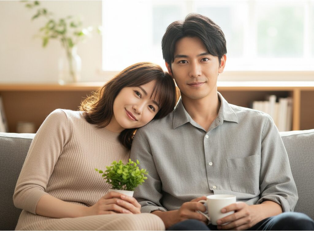 内田有紀とパートナー柏原崇がソファで寄り添い、穏やかに過ごす様子。二人の長年の事実婚関係を象徴する横長画像。