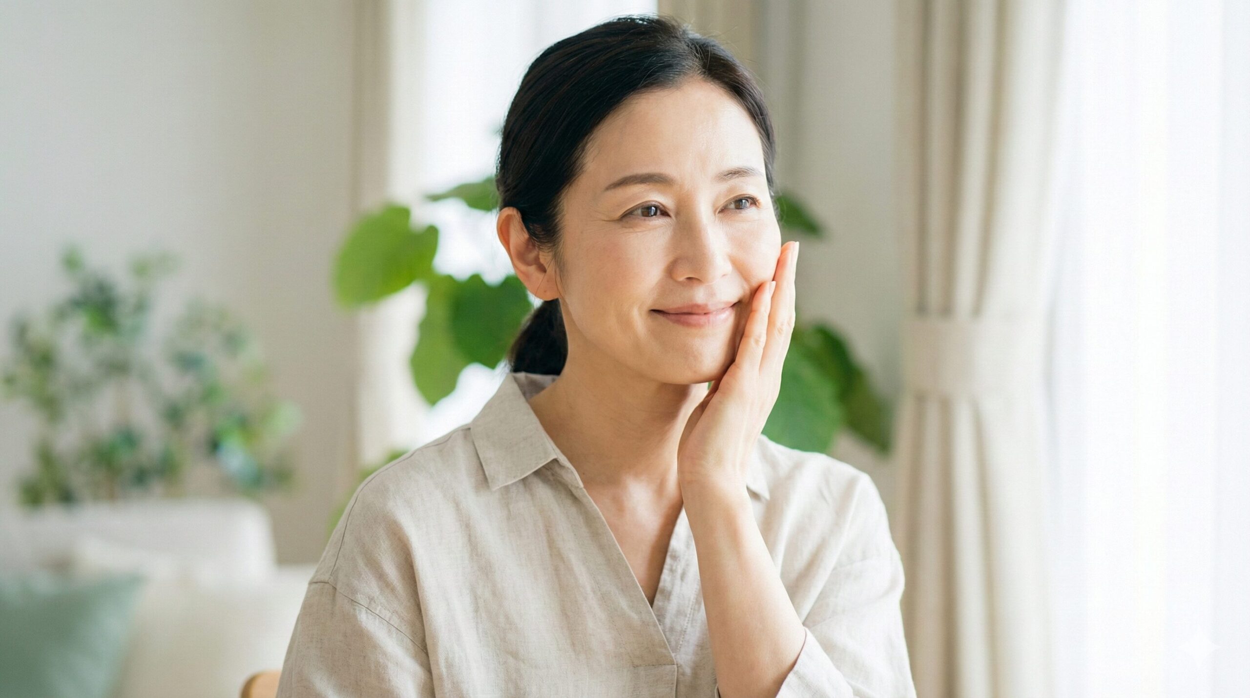 窓辺で頬に触れ微笑む50代女性。ブライトエイジホワイトの効果なしという噂や口コミの真実を解説する記事のアイキャッチ。