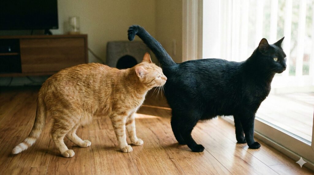 cat sniffing butt greeting meaning 自然光が注ぐリビングで、茶トラ猫が黒猫のおしりの匂いを嗅いで穏やかに挨拶を交わしている様子。猫がおしりの匂いを嗅ぐ行為は、上下関係だけでなく情報交換の挨拶という意味があることを示す写真。