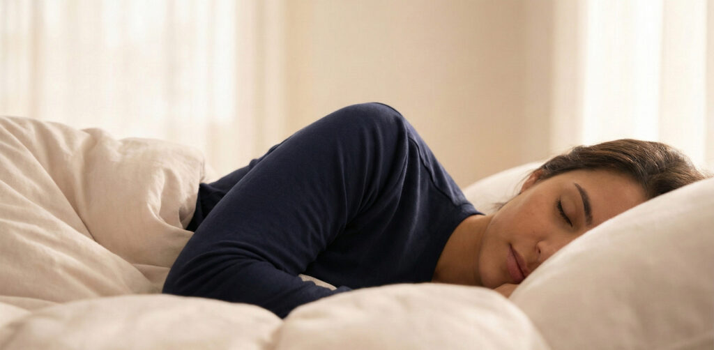 リカバリーウェアを着用し、柔らかい光の中で安らかに深い眠りについている人物の様子。リカバリーウェアによる最高の休息とQOL向上を象徴する写真。