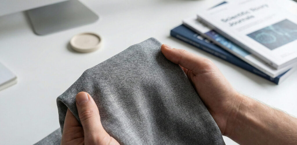 特殊なセラミック繊維が織り込まれたリカバリーウェアの生地のクローズアップ写真。体温を利用した遠赤外線効果の科学的根拠を示すイメージ。