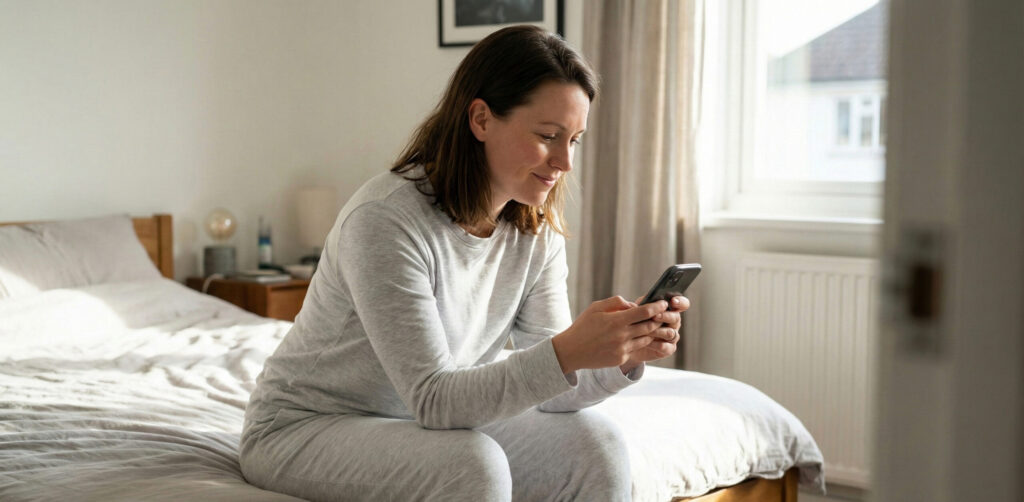 朝のベッドサイドでスマートフォンを見ながら、すっきりとした表情を浮かべる女性。リカバリーウェアの口コミや評判、効果の実感に関するリアルなシーン。
