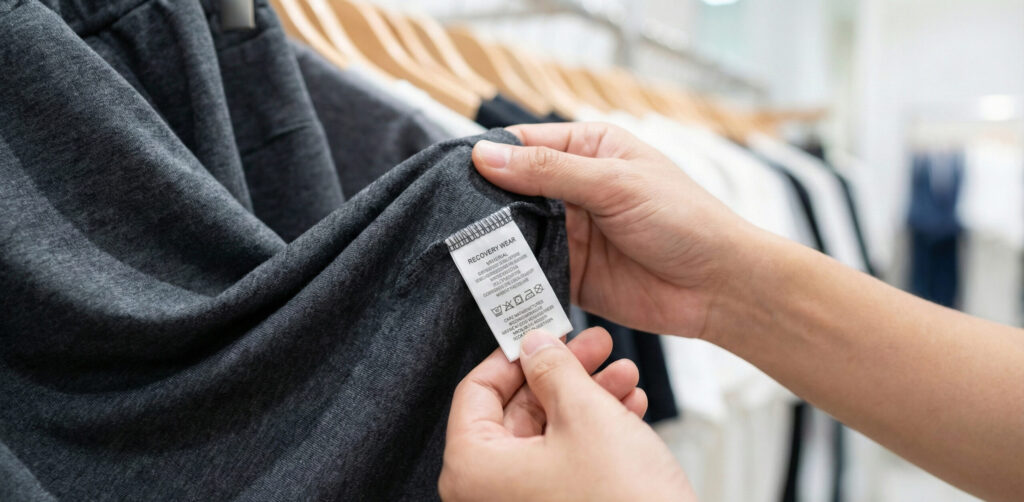 リカバリーウェアの品質表示タグを注意深く確認する人物の手元。後悔しない選び方として、一般医療機器の届出や素材をチェックする重要性を示す写真。